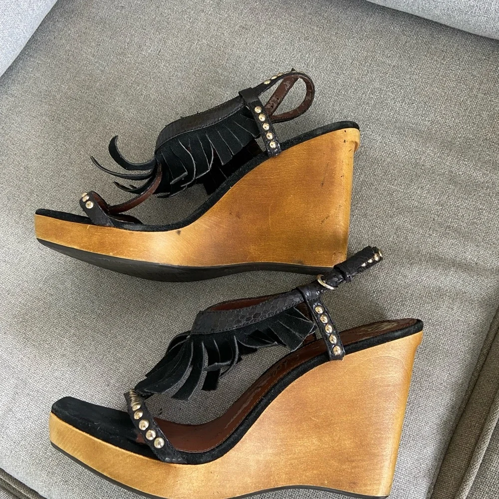 Sam Edelman Black and Tan Wedge Sandals
